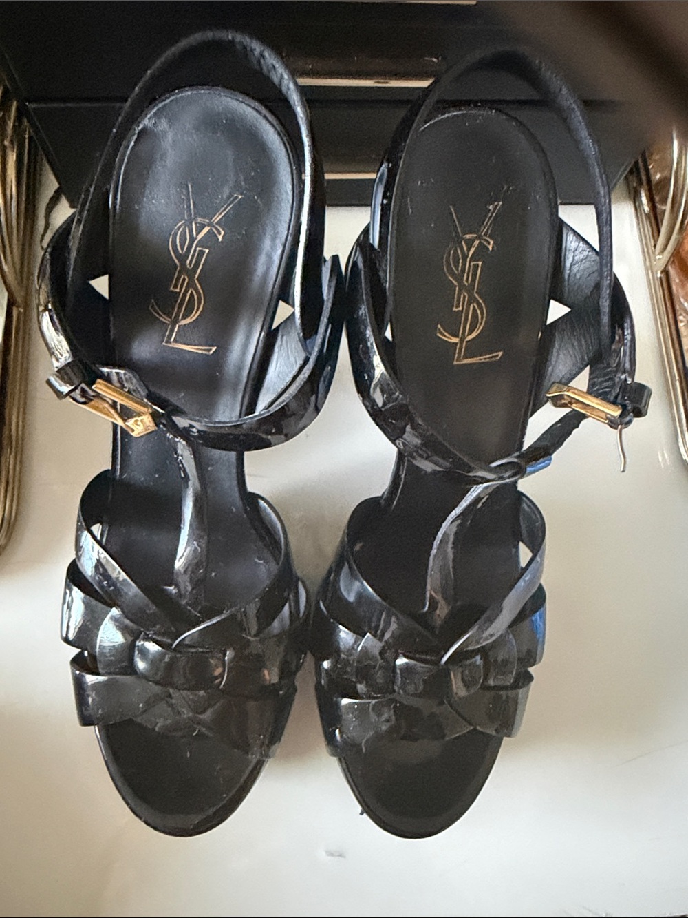 Saint Laurent Black Patent Leather Strappy Stiletto Sandals with Gold Buckle - Picture 3 of 5